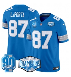 Men's Detroit Lions #87 Sam LaPorta Blue 2024 NFC North Champions 90th Anniversary F.U.S.E. Vapor Limited Stitched Jersey