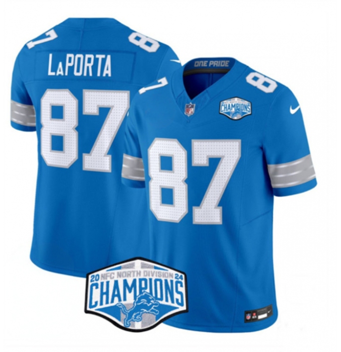 Men's Detroit Lions #87 Sam LaPorta Blue 2024 NFC North Champions F.U.S.E. Vapor Limited Stitched Jersey