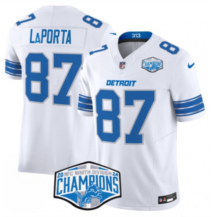 Men's Detroit Lions #87 Sam LaPorta White 2024 NFC North Champions F.U.S.E. Vapor Limited Stitched Jersey